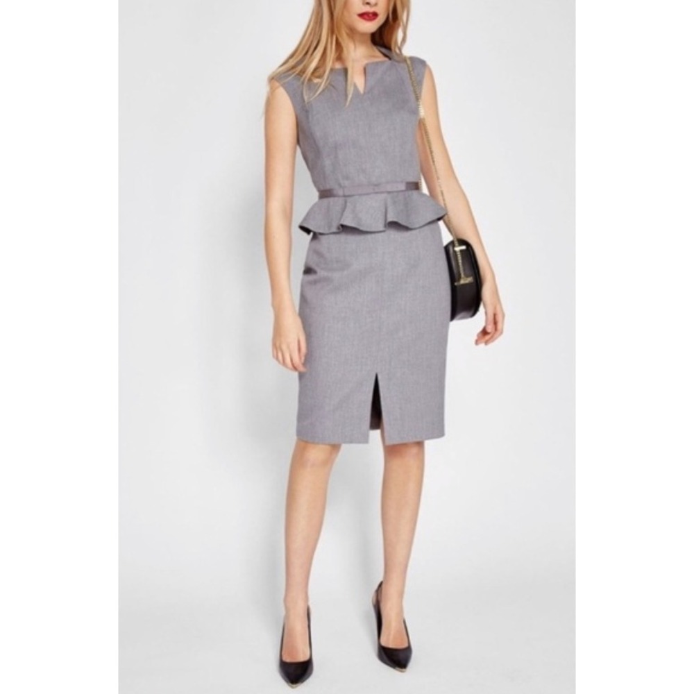Ted Baker Grey Peplum Bow Texture Frill Ruffle Sheath Knee Lngth Dress Sz 3/US 8